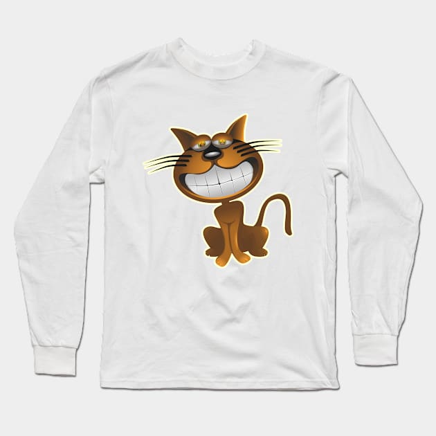 Funny Brown Cat Grinning Long Sleeve T-Shirt by vanityvibes